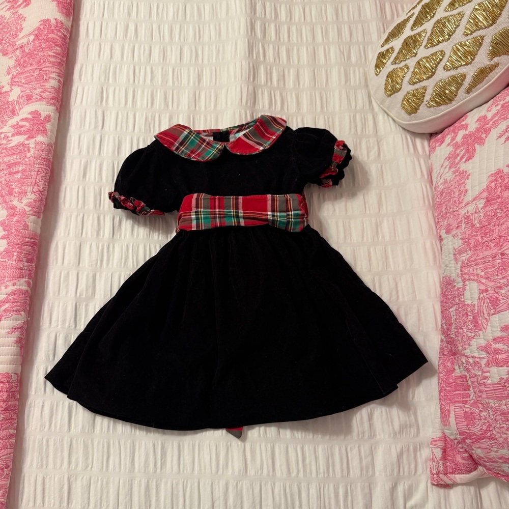 Festive Holiday Dress with Plaid Accents and Bow Back